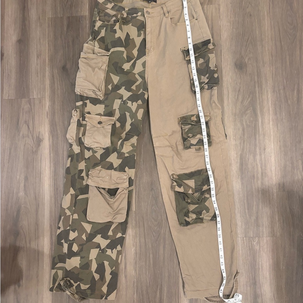 Fashion Nova Two-Tone Camo & Khaki Wide Leg Cargo Pants